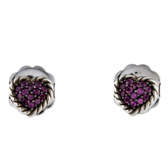 DAVID YURMAN STERLING SILVER & 14K WHITE GOLD SAPPHIRE HEART STUD EARRINGS - Picture 2 of 7